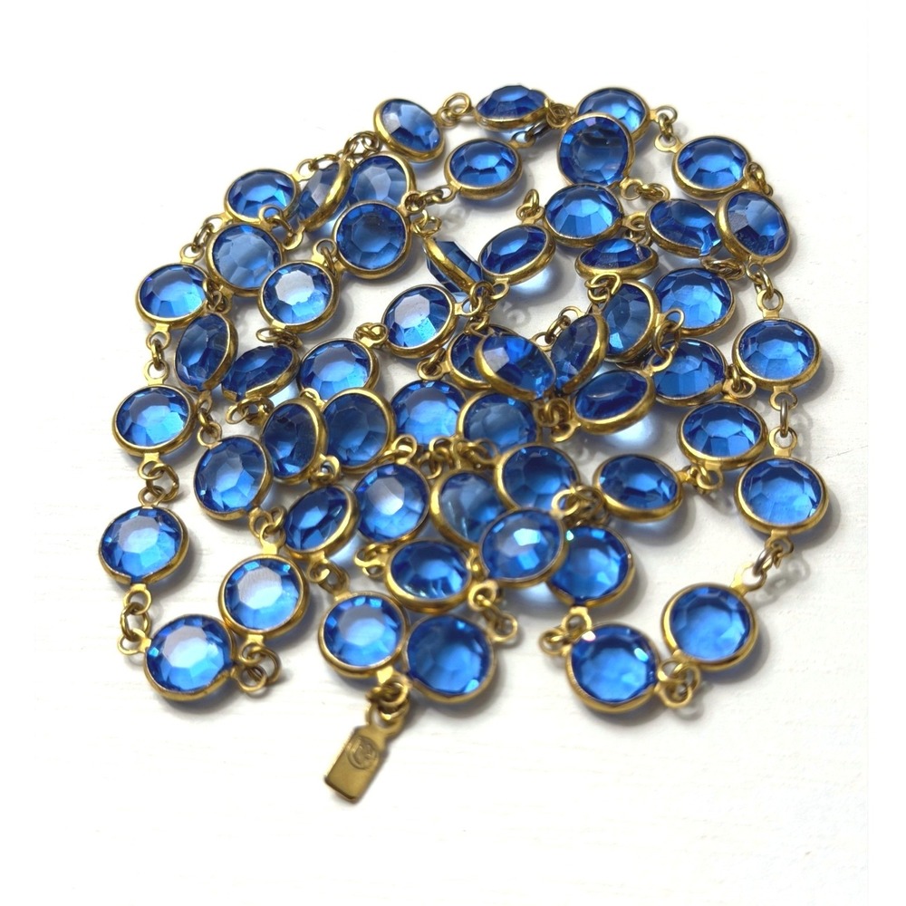 Swarovski Open Bezel Necklace Blue Gold Tone Crystal Glass 34"
